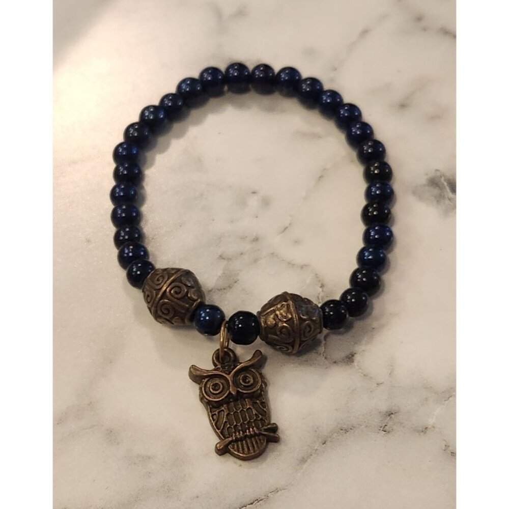 Blue Beaded Bracelet With Owl Pendant & Ornate Bronze Beads
